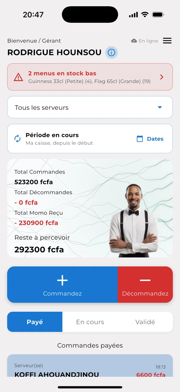 Accueil gérant de l'application Zahan : totaux de la caisse et alertes de stock